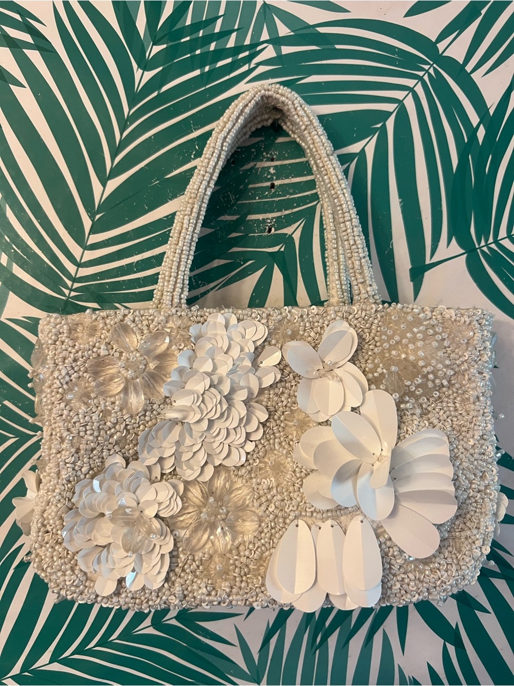 Beaded White Floral mini Tote Bag made in India 
Satin lined